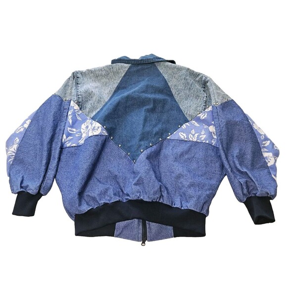 Retro Denim Bomber Jacket With Floral Accents, Size XL VINTAGE - Picture 2 of 14